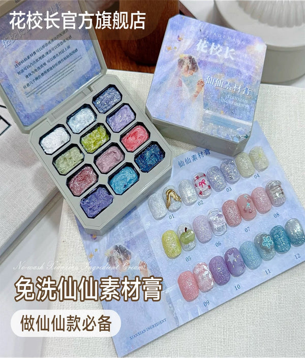 Principal Flower【Non-Wipe 3D Diamonds Design】Gel 12 Colors/palette 花校长 【免洗仙仙素材膏】12件套